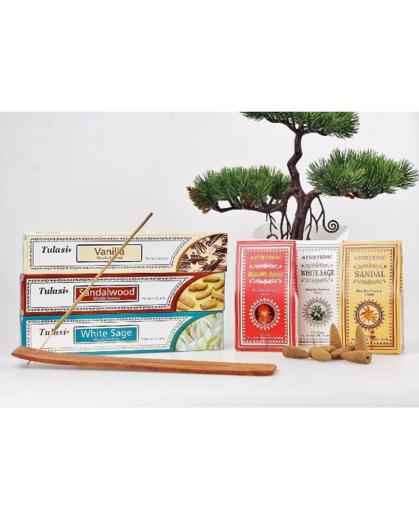 Sada vonné tyčinky Tulasi 3x + vonné kužely Ayurvedic - Tekutý dým 3x + stojánek