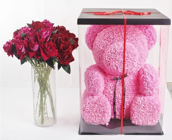 Levně Medvídek z růží - Růžový 70 cm, Růžová Dárkové balení