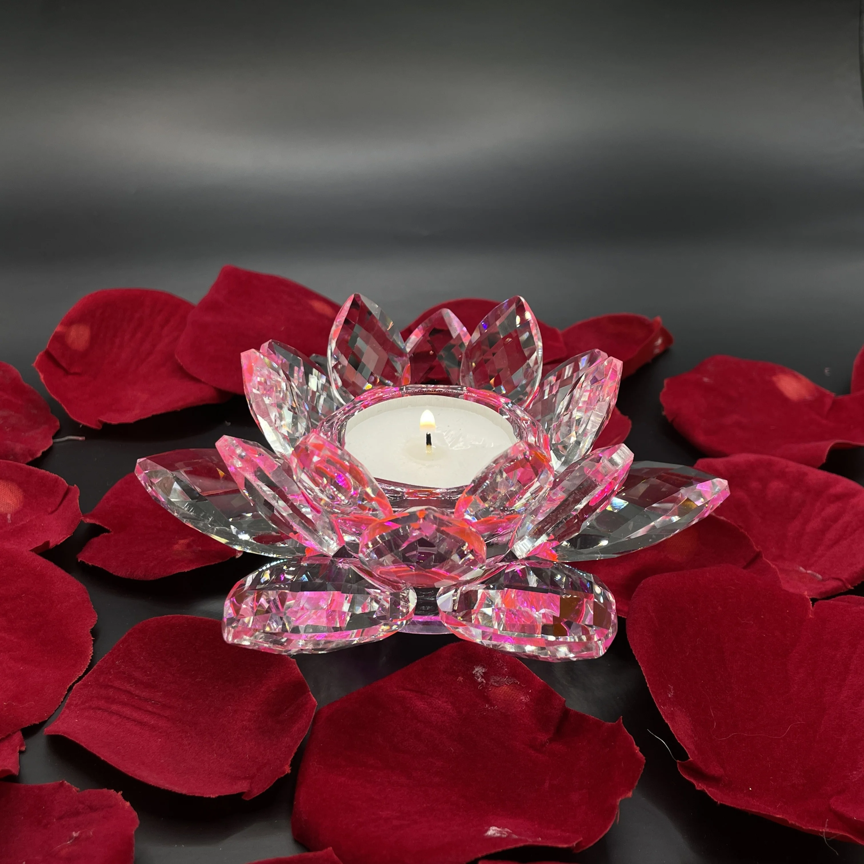 Levně Křišťálové sklo - Svícen lotosový květ Exclusive, Růžová